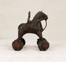 Tribal Art Brass Horse on Wheels with Rider Statue for Decor
