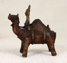 Central India Vintage Brass Camel Statue with Rider for Decor