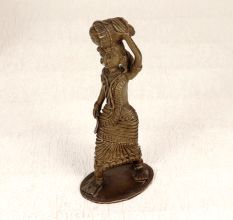 Tribal Art Brass Statue of Lady Carrying Crop for Decoration