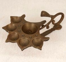 Vintage Brass Aarti Oil Lamp with 5 Jyot for Prayer Room