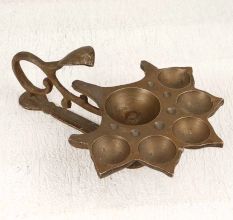 Vintage Brass Aarti Oil Lamp with 5 Jyot for Prayer Room