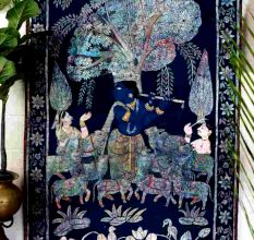 Hand Painted Lord Krishna Golconda Art Cloth Pichwai Painting for Decoration