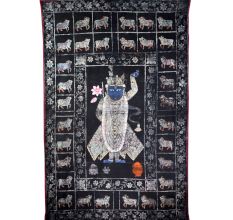Vintage Cloth Pichwai Painting of Lord Krishna in Golconda Art for Prayer Room