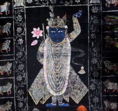 Vintage Cloth Pichwai Painting of Lord Krishna in Golconda Art for Prayer Room