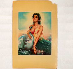 Vintage Oleograph Paper Print of a Lady with Swan for DÃ©cor
