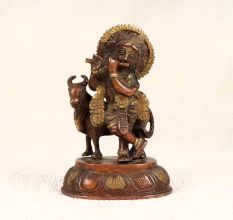 Handmade Brass Lord Krishna Statue with Cow for Prayer Room
