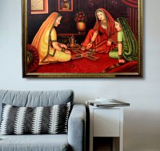Vintage Canvas Painting of Three Lady Playing Chausar
