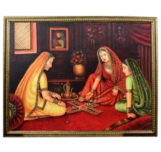 Vintage Canvas Painting of Three Lady Playing Chausar