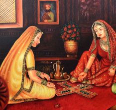Vintage Canvas Painting of Three Lady Playing Chausar