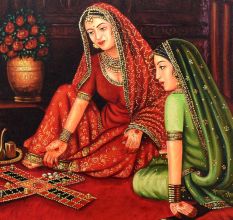 Vintage Canvas Painting of Three Lady Playing Chausar