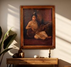 Hand Painted Canvas Oil Painting of Lady Playing Sitar