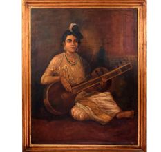 Hand Painted Canvas Oil Painting of Lady Playing Sitar