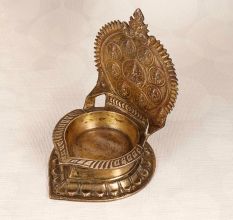 Handcrafted Indian Holy Brass Gaja Lakshmi Oil Lamp for Temple
