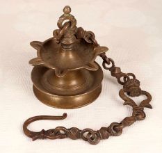 Northern Indian Hanging Brass Oil Lamp with Chain for Prayer Room