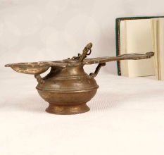 Vintage Finish Brass Ghee Lamp with Spoon for Prayer Room