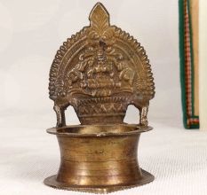 Handcrafted South Indian Brass Gaja Lakshmi Oil Lamp for Decor