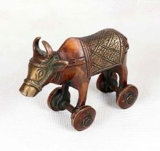 Handcrafted Brown Finish Bull on Four Wheels Made of Brass
