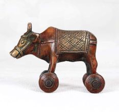 Handcrafted Brown Finish Bull on Four Wheels Made of Brass