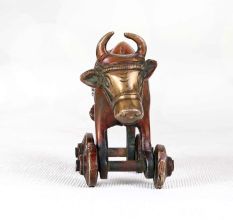Handcrafted Brown Finish Bull on Four Wheels Made of Brass