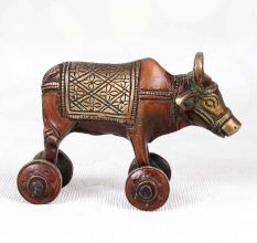 Handcrafted Brown Finish Bull on Four Wheels Made of Brass