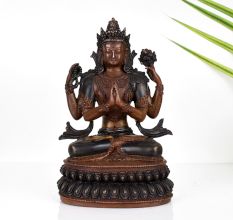 Handcrafted Copper Statue of Buddhist Deity Chenrezig for Prayer Room