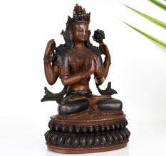 Handcrafted Copper Statue of Buddhist Deity Chenrezig for Prayer Room