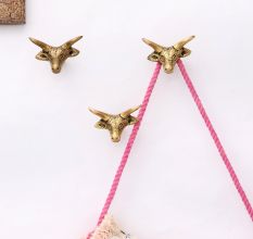 Brass Steer Head With Horns Wall Mounted Coat Hooks- Pack of 3