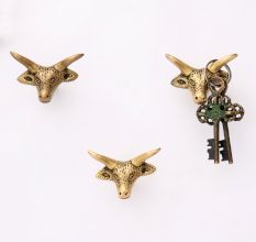 Brass Steer Head With Horns Wall Mounted Coat Hooks- Pack of 3