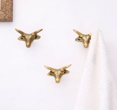 Brass Steer Head With Horns Wall Mounted Coat Hooks- Pack of 3