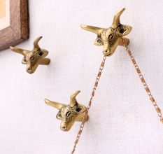 Brass Steer Head With Horns Wall Mounted Coat Hooks- Pack of 3