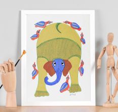Hand-Painted Beautiful Elephant Gond Art Painting by Durgabai Vyam