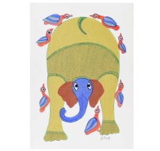 Hand-Painted Beautiful Elephant Gond Art Painting by Durgabai Vyam