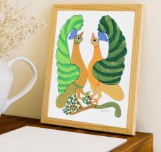 Adorable Peacock Gond Art Acrylic Painting on Paper