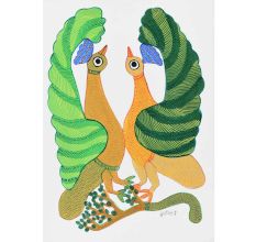 Adorable Peacock Gond Art Acrylic Painting on Paper