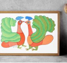 Gond Art Acrylic Painting of Peacock by Padma Shri Durgabai Vyam