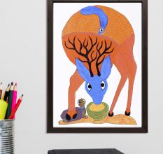 Gond Art Acrylic Paper Painting of Swamp Deer for Decoration