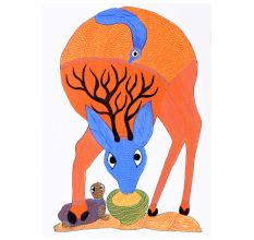 Gond Art Acrylic Paper Painting of Swamp Deer for Decoration