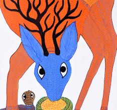 Gond Art Acrylic Paper Painting of Swamp Deer for Decoration