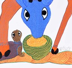 Gond Art Acrylic Paper Painting of Swamp Deer for Decoration
