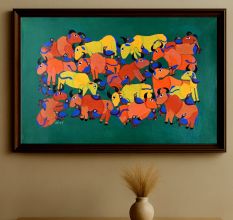 Cow and Birds Figures Gond Art Paper Painting by Durgabai Vyam