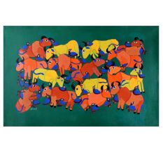 Cow and Birds Figures Gond Art Paper Painting by Durgabai Vyam