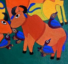 Cow and Birds Figures Gond Art Paper Painting by Durgabai Vyam