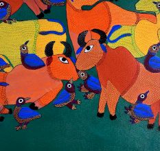 Cow and Birds Figures Gond Art Paper Painting by Durgabai Vyam