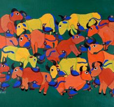 Cow and Birds Figures Gond Art Paper Painting by Durgabai Vyam