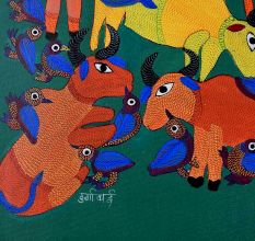 Cow and Birds Figures Gond Art Paper Painting by Durgabai Vyam