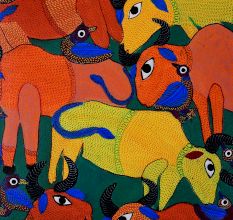 Cow and Birds Figures Gond Art Paper Painting by Durgabai Vyam