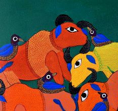 Cow and Birds Figures Gond Art Paper Painting by Durgabai Vyam