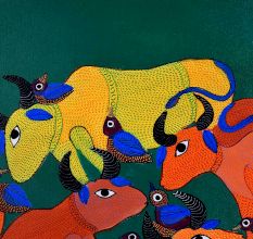 Cow and Birds Figures Gond Art Paper Painting by Durgabai Vyam