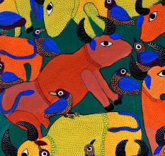 Cow and Birds Figures Gond Art Paper Painting by Durgabai Vyam