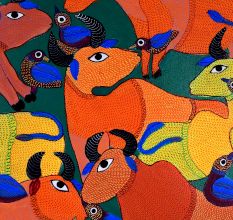 Cow and Birds Figures Gond Art Paper Painting by Durgabai Vyam